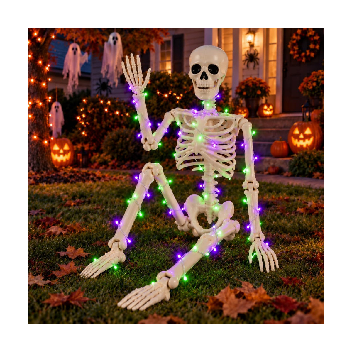 3FT Posable Skeleton Halloween Decor: LED String Lights for Yard & Porch