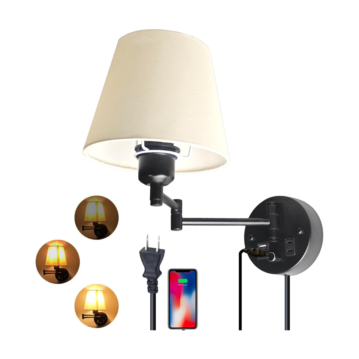 Wall Lamp Plug in with USB and 2 Pin Socket,Wall Mount Lights That Plug in Cord and Switch,Wall Mount Lights for