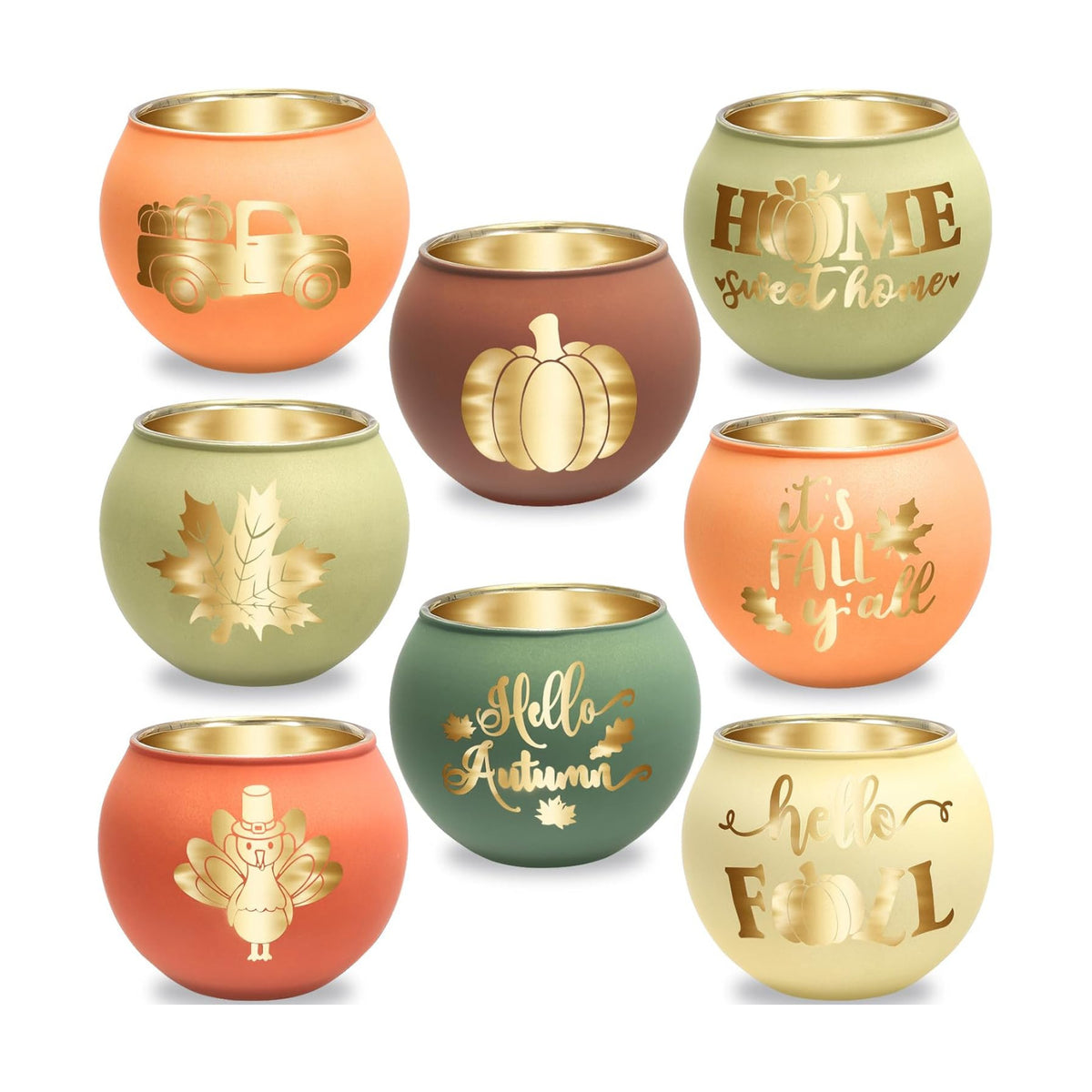 8 Pack Fall Votive Candle Holders, Glass Tealight Holders, 8 Patterns