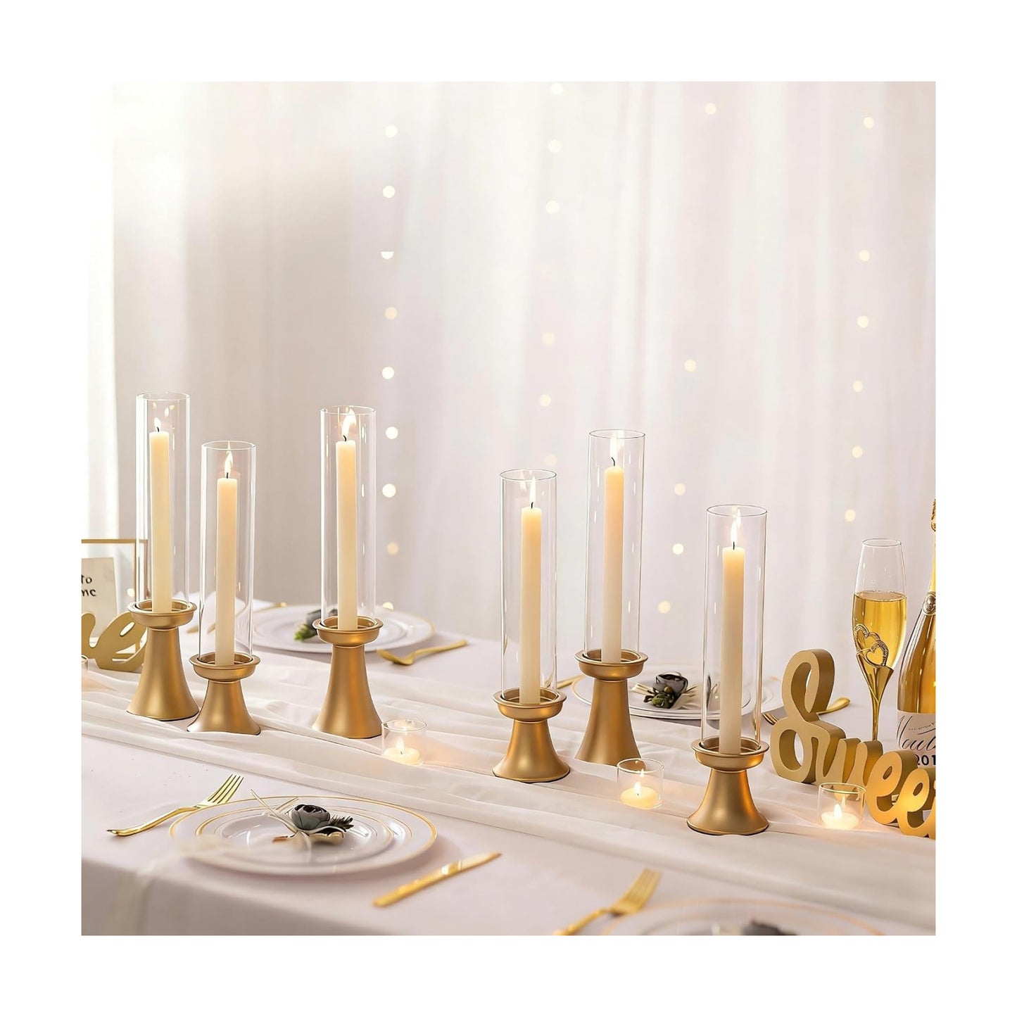 NUPTIO Gold Candlestick Holder for Centerpiece: Set of 6 Hurricane Taper Candle Holders with Glass Cylinder Sleeve
