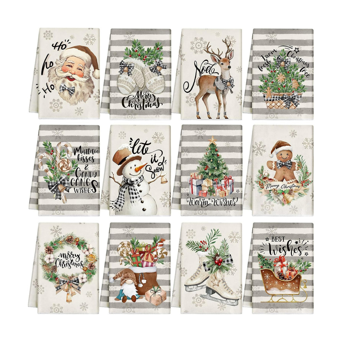 VitalCozy 12 Pcs Stripe Christmas Kitchen Towels, 14.2 x 21.3 in