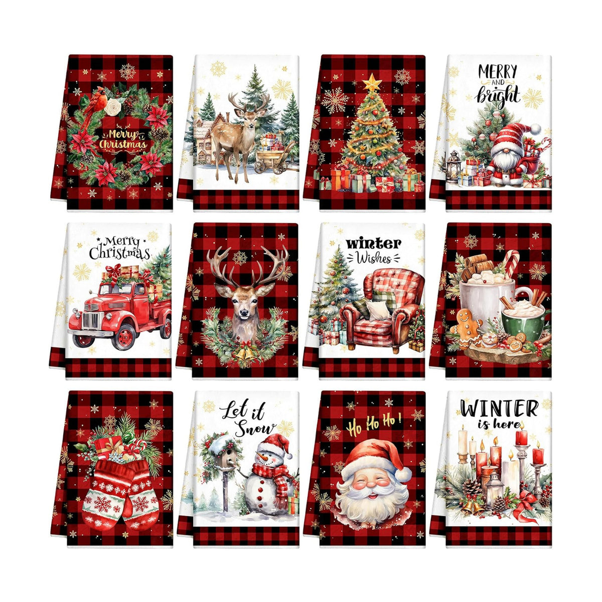 VitalCozy 12 Pcs Christmas Kitchen Towels, 14.2 x 21.3 in Plaid Dishcloths
