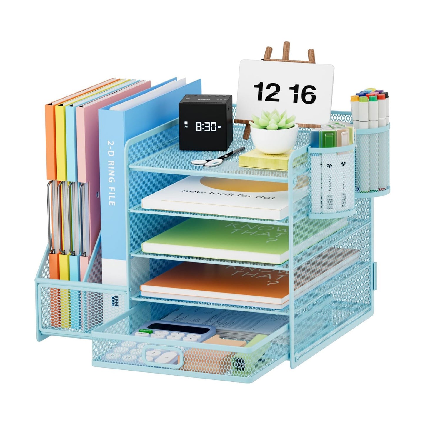 Marbrasse Desk Organizer with File Holder, 5-Tier Paper Letter Tray Organizer with Drawer and 2 Pen Holder, Mesh