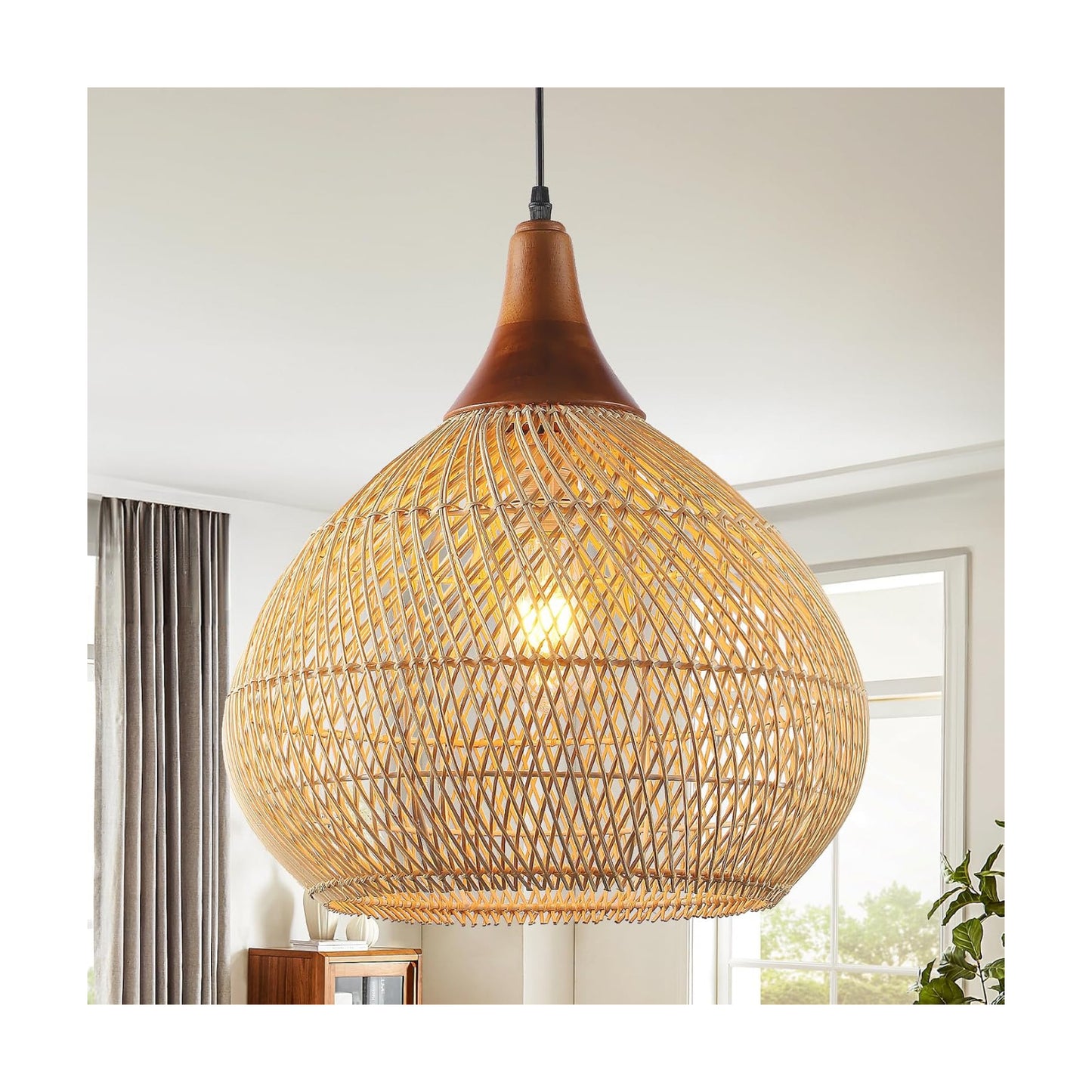 Basket Wicker / Rattan Pendant Light / Wood + Rattan / Raindrop / D 16", Large