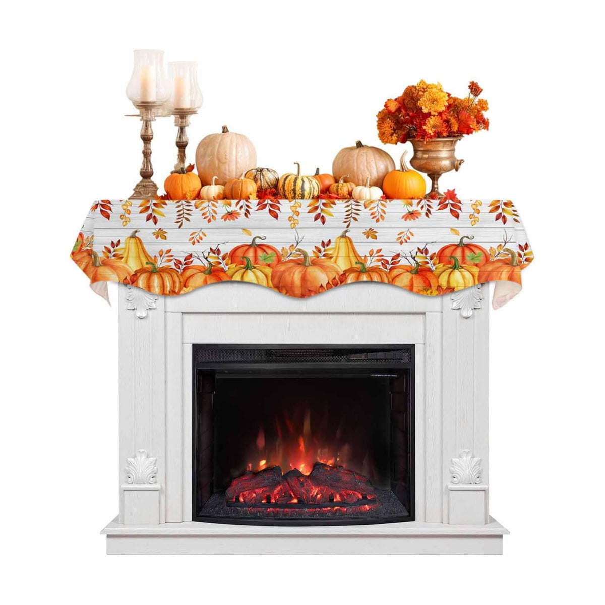 Fall Mantel Scarf for Fireplace, Red Orange Pumpkin Leaf Farmhouse Wood Plank Fireplace Cover Decorations Indoor Thanksgiving Mantel Top Scarf Runner for Seasonal Autumn Holiday Party, 17 x 70 Inch