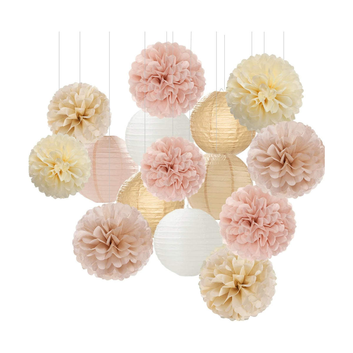 Champagne-Gold White Party-Decorations Paper-Flowers Lanterns - 15PCS Boho Fall Rustic Tissue Pom Poms Streamers,Wedding Baby Bridal Shower Neutral Autumn Birthday Hanging Supplies Decor Hugfond