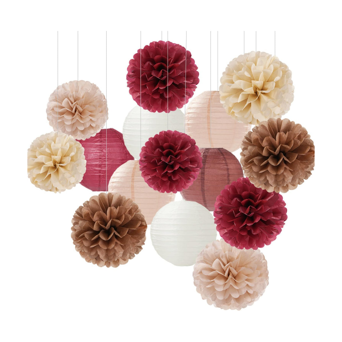 Burgundy-Brown Champagne Party-Decorations Paper-Flowers Lanterns - 15PCS Fall Boho Tissue Pom Poms Streamers,Autumn Rustic Baby Shower Neutral Wedding Birthday Decor Hugfond