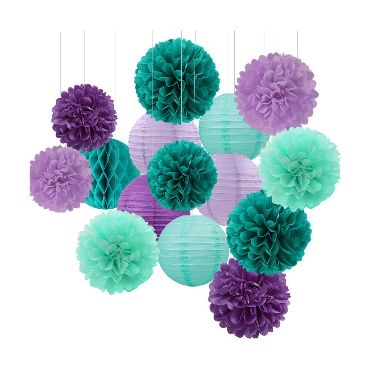 Teal-Purple Party-Decorations Paper Flowers Lanterns - 15PCS Lavender Girl Mermaid-Birthday Tissue Pom Poms Streamers,Baby Bridal Shower Wedding Classroom Hanging Supplies Decor Hugfond