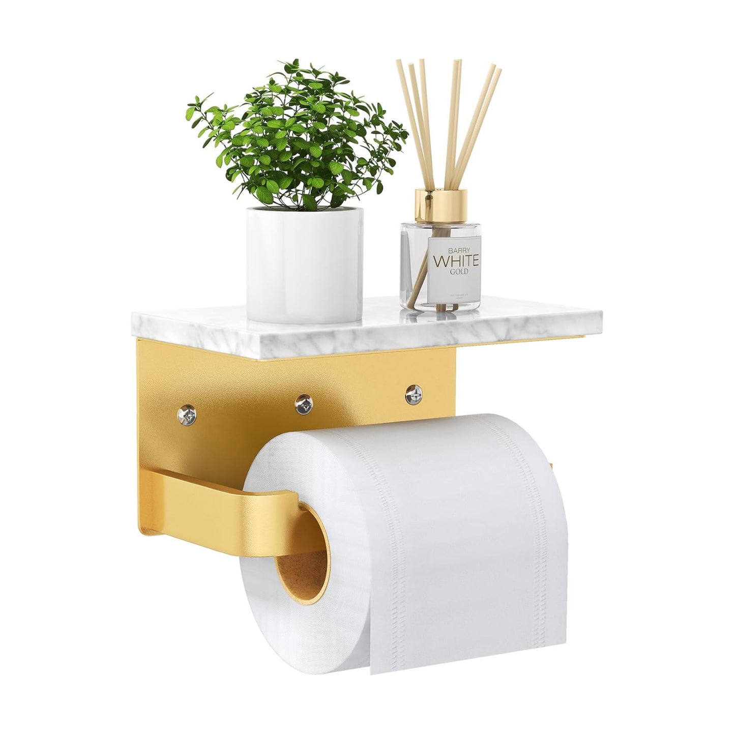 Gypie Toilet Paper Holder with Marble Shelf, Wall Mounted Gold | Toilet Roll Holder for Bathroom Washroom, Extended Base