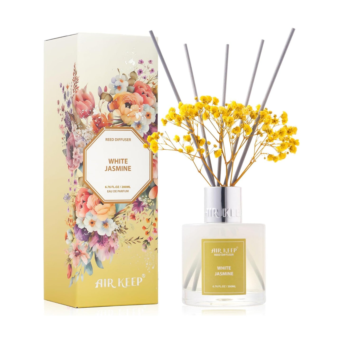 Airkeep Reed Diffuser Set,6.76 fl oz (200 ml) - White Jasmine Oil Diffusers with 8 Reed Sticks, Home Fragrance Reed