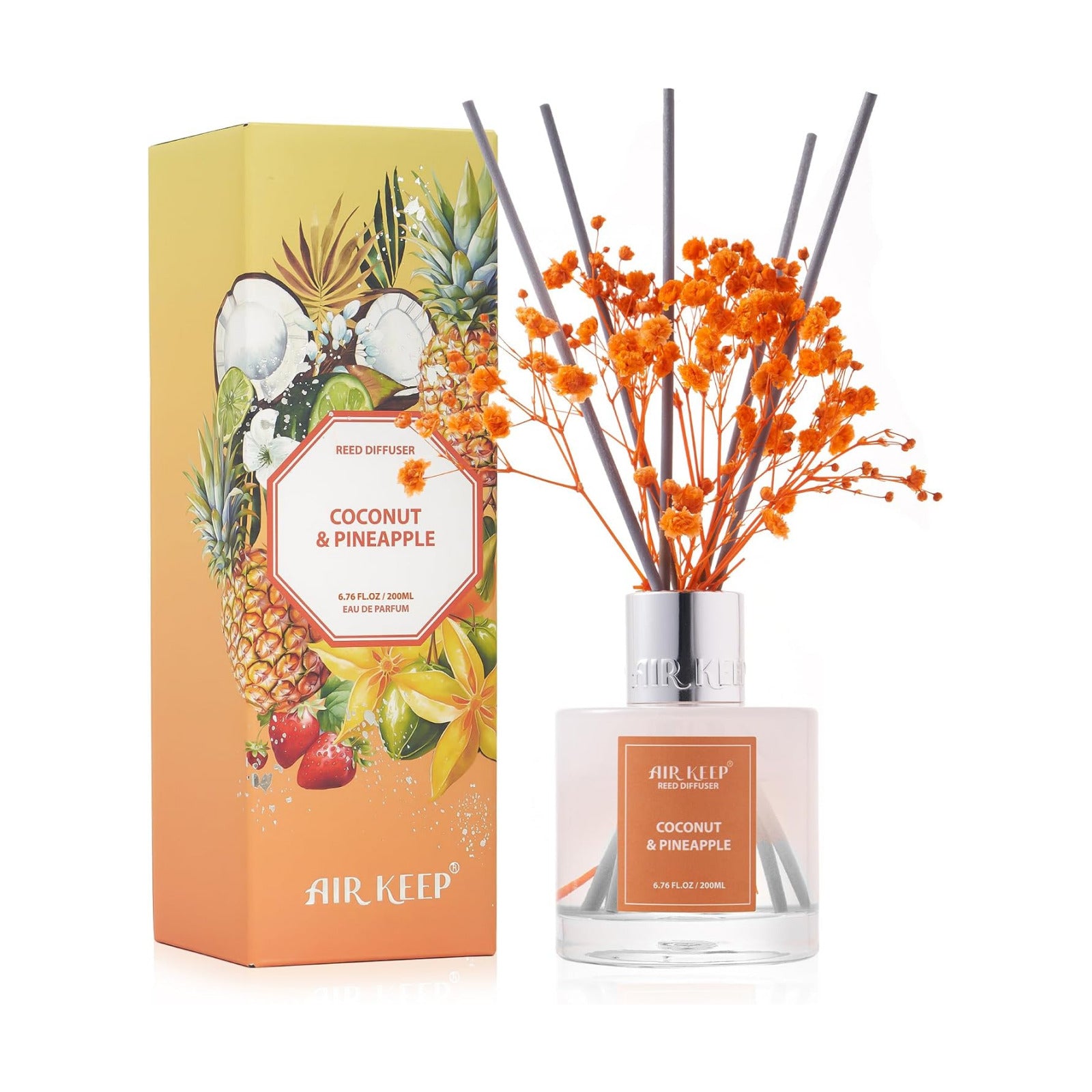 Airkeep Reed Diffuser Set,6.76 fl oz (200 ml) - Coconut & Pineapple Oil Diffusers with 8 Reed Sticks, Home Fragrance