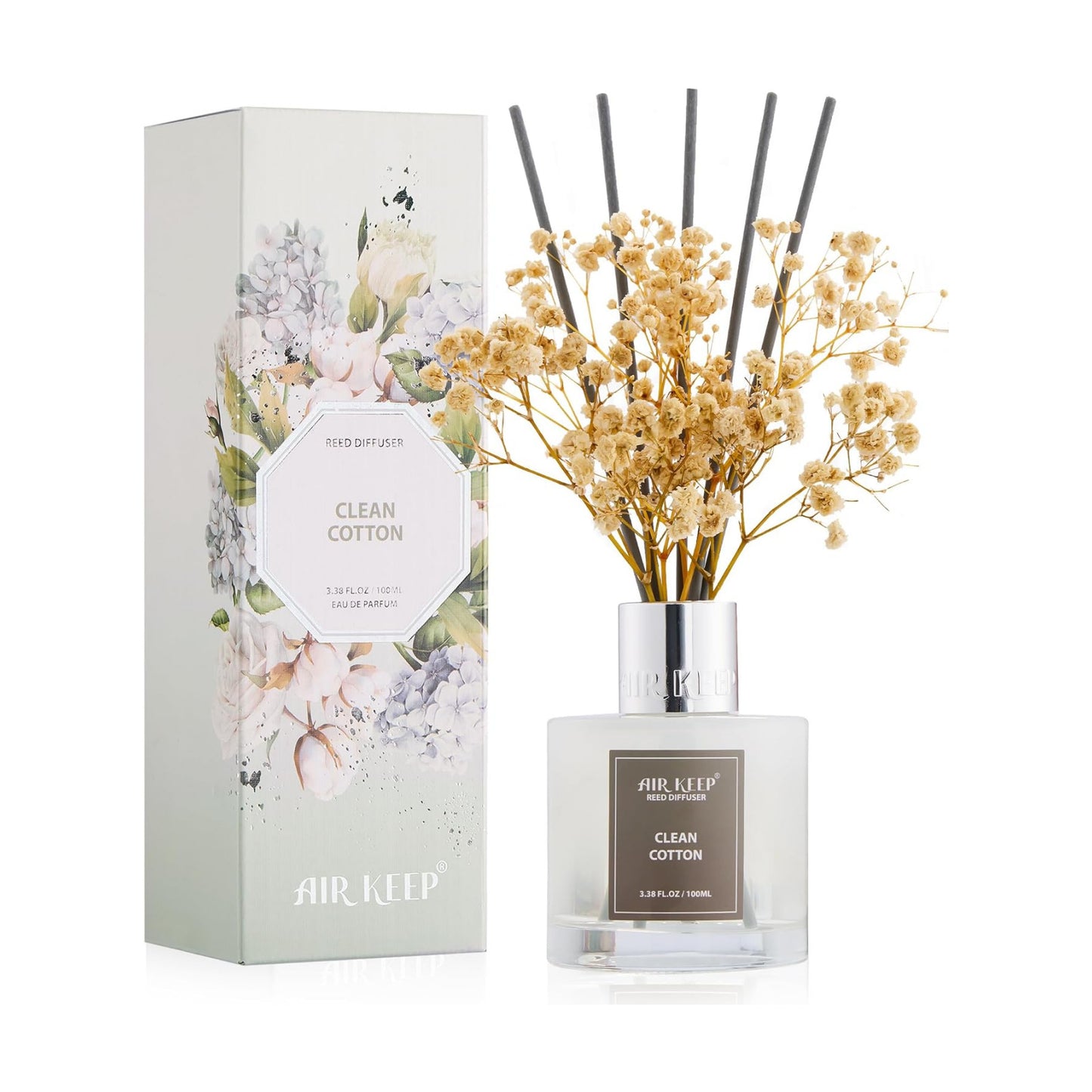 Airkeep Reed Diffuser Set,3.38 fl oz (100 ml) - Clean Cotton Oil Diffusers with 8 Reed Sticks, Home Fragrance Reed