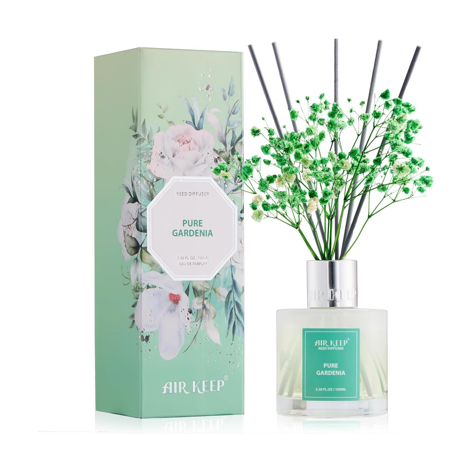Airkeep Reed Diffuser Set,3.38 fl oz (100 ml) - Pure Gardenia Oil Diffusers with 8 Reed Sticks, Home Fragrance Reed