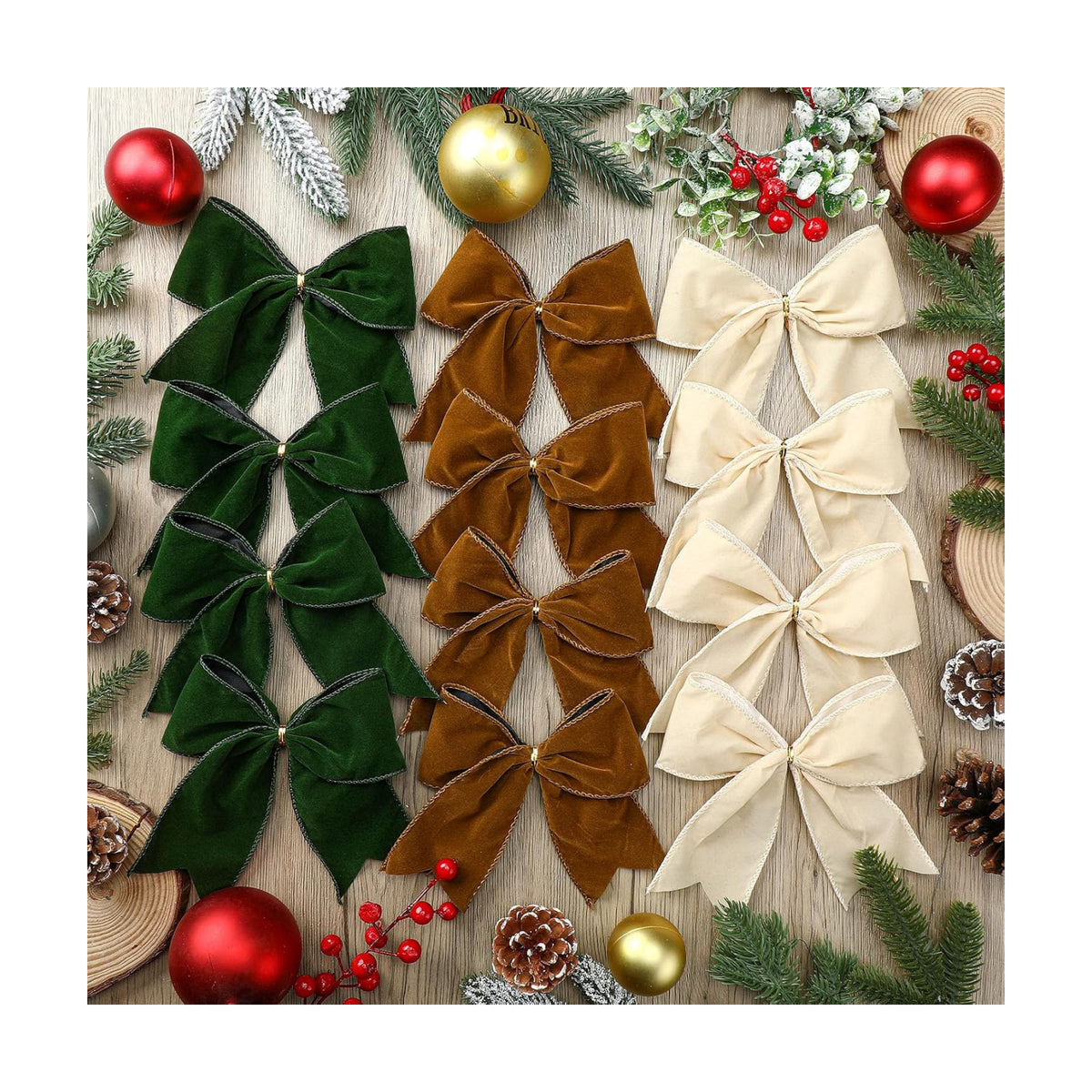 Janinka 12 Pcs Christmas Velvet Bows Milky White Brown Green 6 Inch