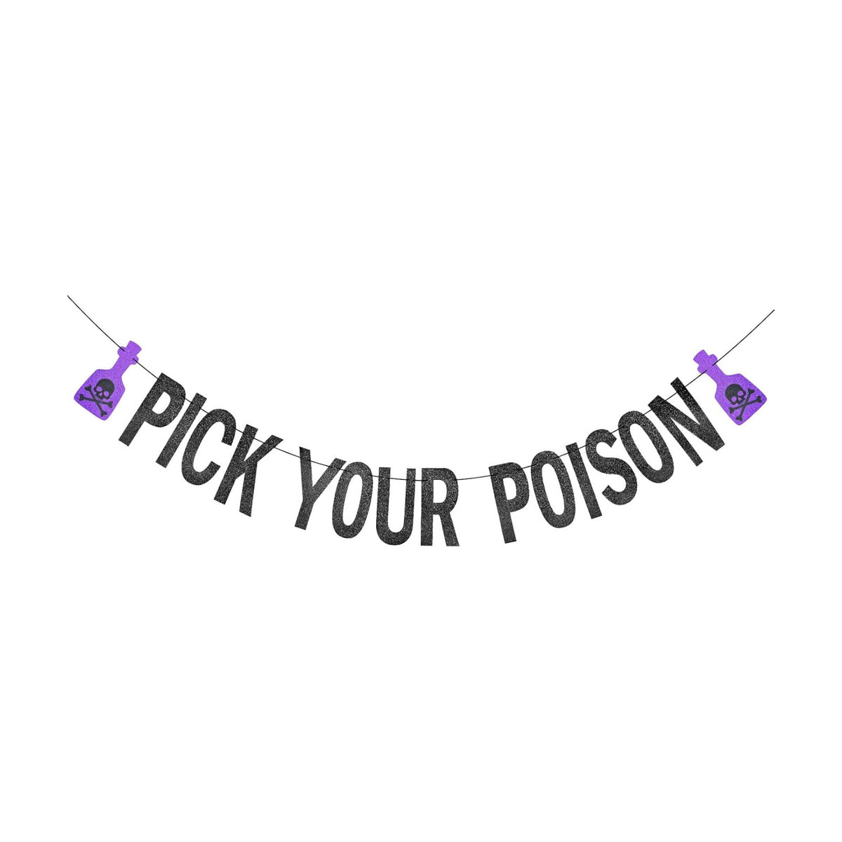 Black Glitter Pick Your Poison Banner - Halloween Hanging Paper Garland Bunting Banner with Purple Potion Bottle Decorations, Photo Backdrop for Wall Home Mantel Office Wall Scary Party Supplies