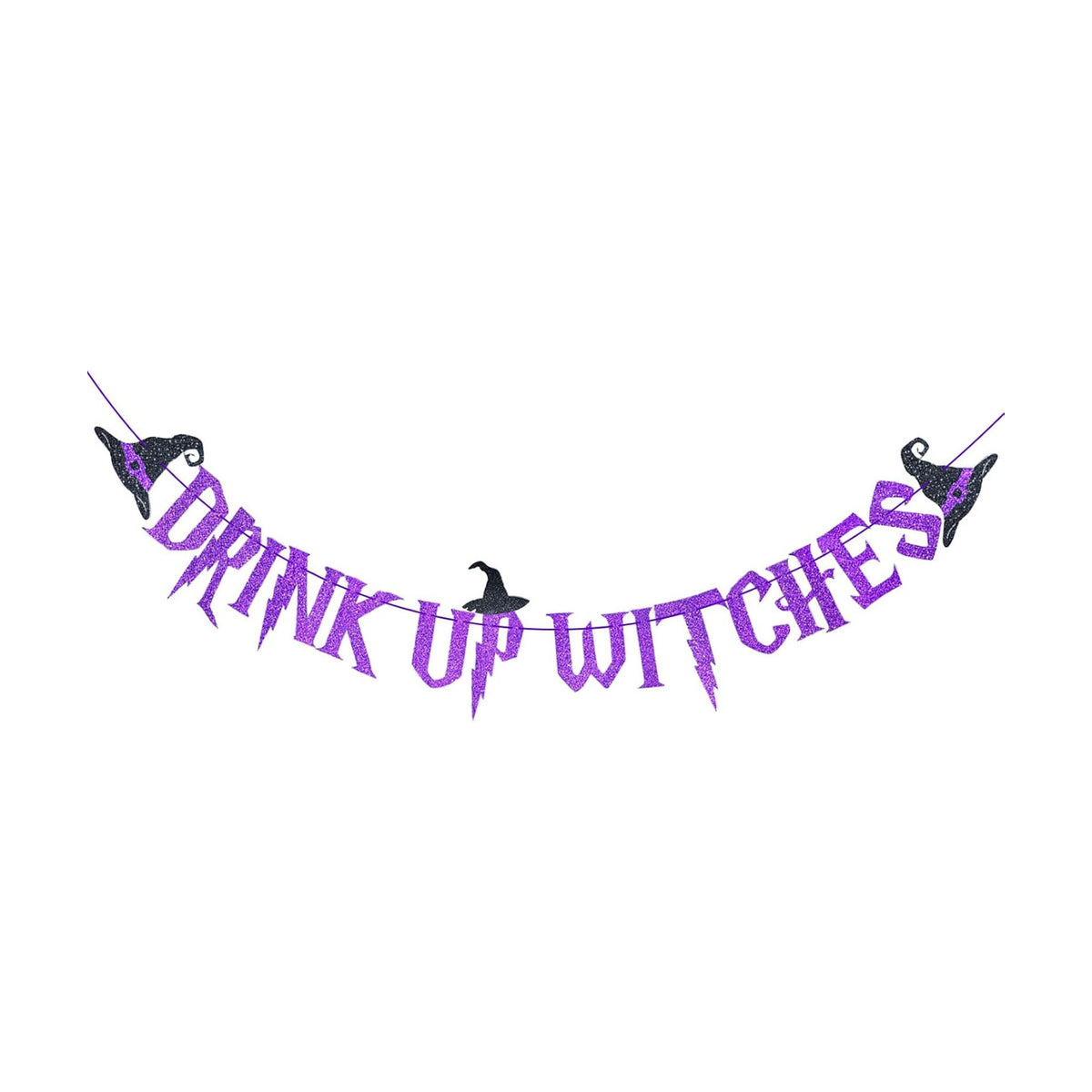 Purple Glitter Drink Up Witches Halloween Banner - Halloween Hanging Paper Garland Bunting Banner with Witch Hat Decorations, Photo Backdrop for Wall Home Mantle Office Wall Scary Party Supplies