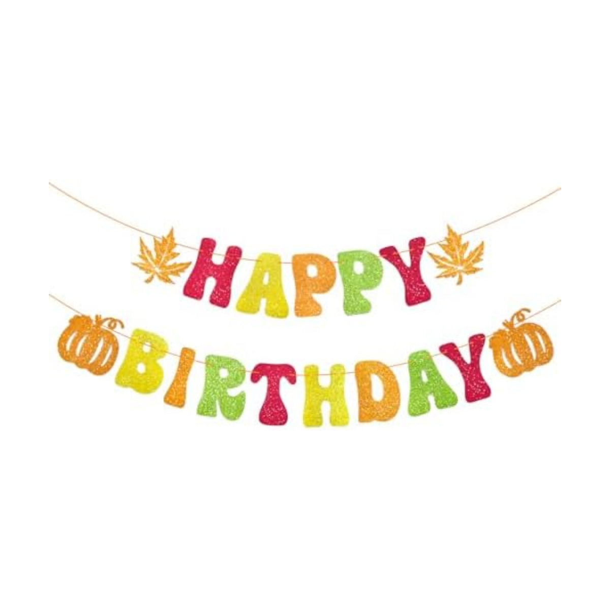Thanksgiving Glitter Happy Birthday Banner - Autumn Fall Theme Hanging Paper Garland Bunting Banner with Pumpkin and Maple Leaf Decorations, Photo Backdrop for Wall Home Mantle Office Party Supplies
