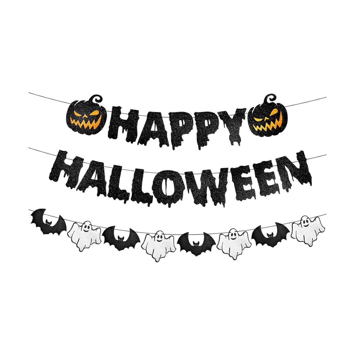Black Glitter Happy Halloween Banner - Halloween Hanging Paper Garland Bunting Banner with Pumpkin, Ghost, and Bat Decorations, Photo Backdrop for Wall Home Mantle Office Wall Scary Party Supplies