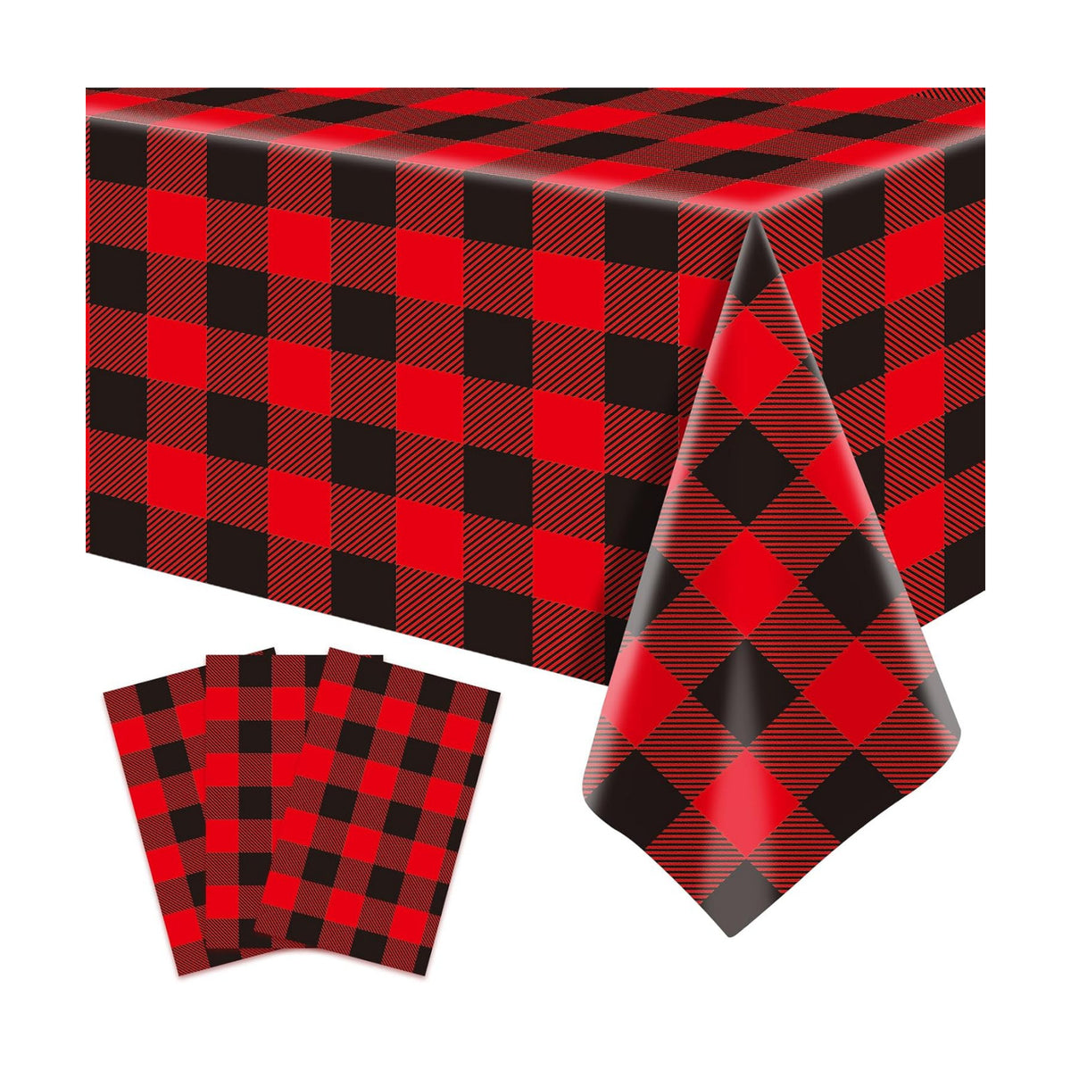 Gistome 3-Piece 54 x 108 Inch Buffalo Plaid Plastic Tablecloth - Red and Black Checkered Design, Disposable Rectangle Table Cover for Dining, Birthday, Christmas, Fall and Winter Themed Decorations