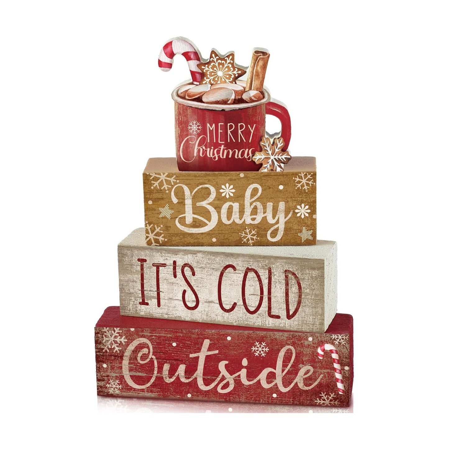 Moucuny 4 Pcs Christmas Table Decorations Indoor, Hot Cocoa Wood Block Sign