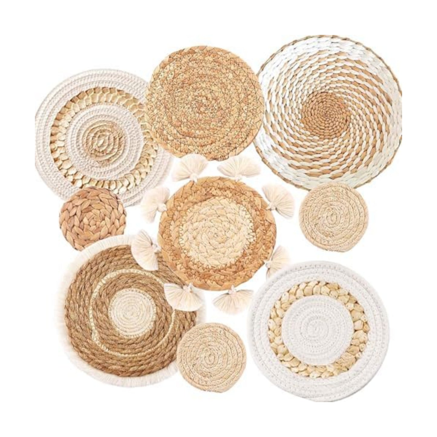 Boho Wall Baskets Set / Beige White Tassel / Set of 9