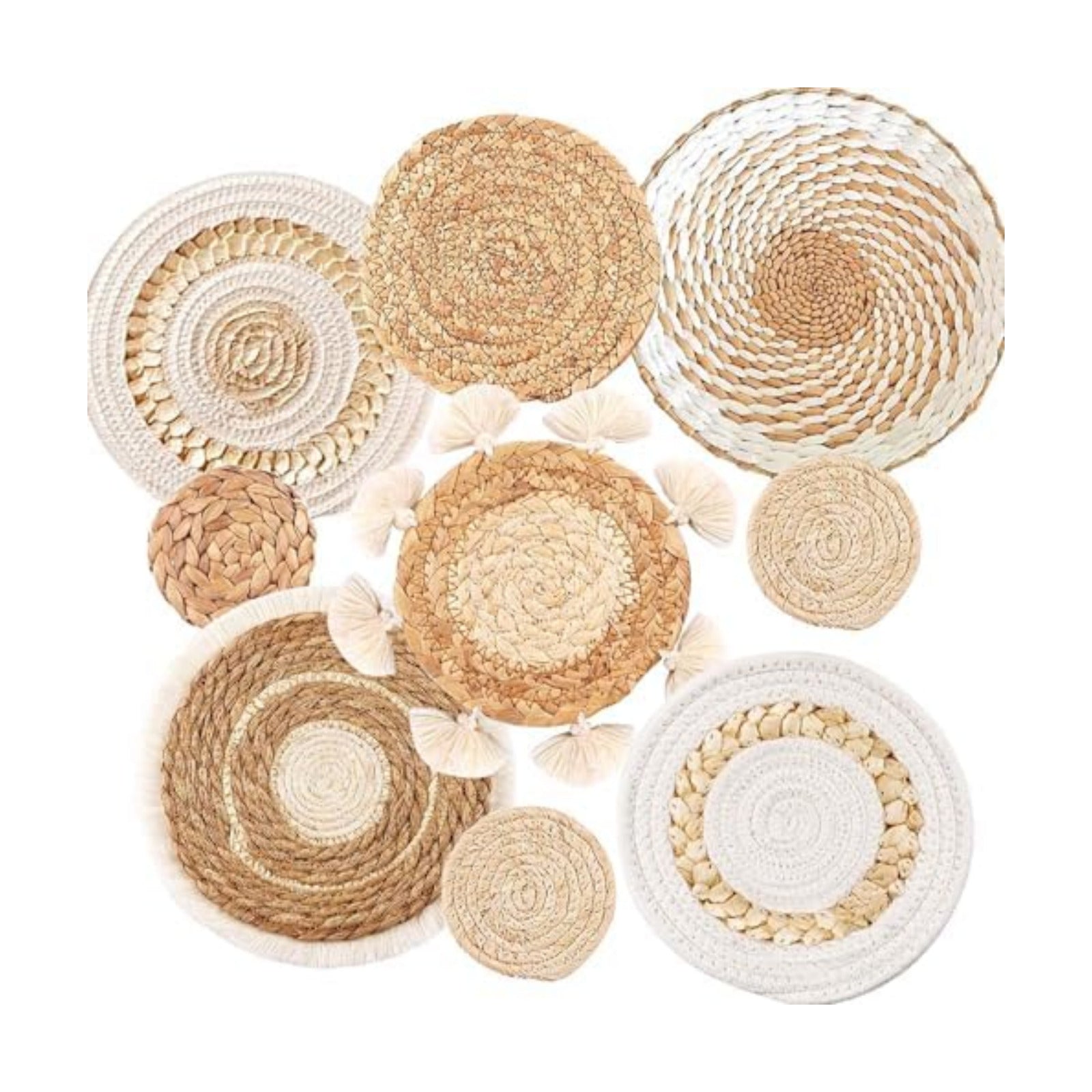 Boho Wall Baskets Set / Beige White Tassel / Set of 9