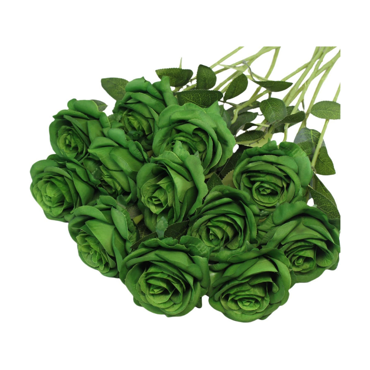 Artificial Green Roses Flowers, 12 Pcs Fake Rose in Bulk, Long Stem Realistic Silk Roses Bouquet for Spring Home Decor, St. Patrick's Day, Party Centerpieces, Flower Arrangement (Dark Green, 12-PCS)