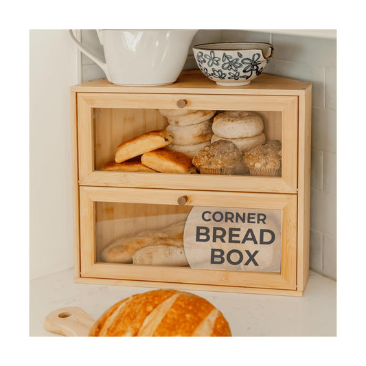 Corner Bread Box for Kitchen Countertop - New 2026 Design, Vintage Bamboo Wooden BreadBox, Large, Double Layer Storage
