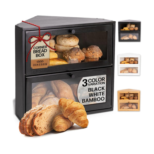 Corner Bread Box for Kitchen Countertop - New 2026 Airtight Design - Extra Large, Double Layer Black BreadBox, Vintage