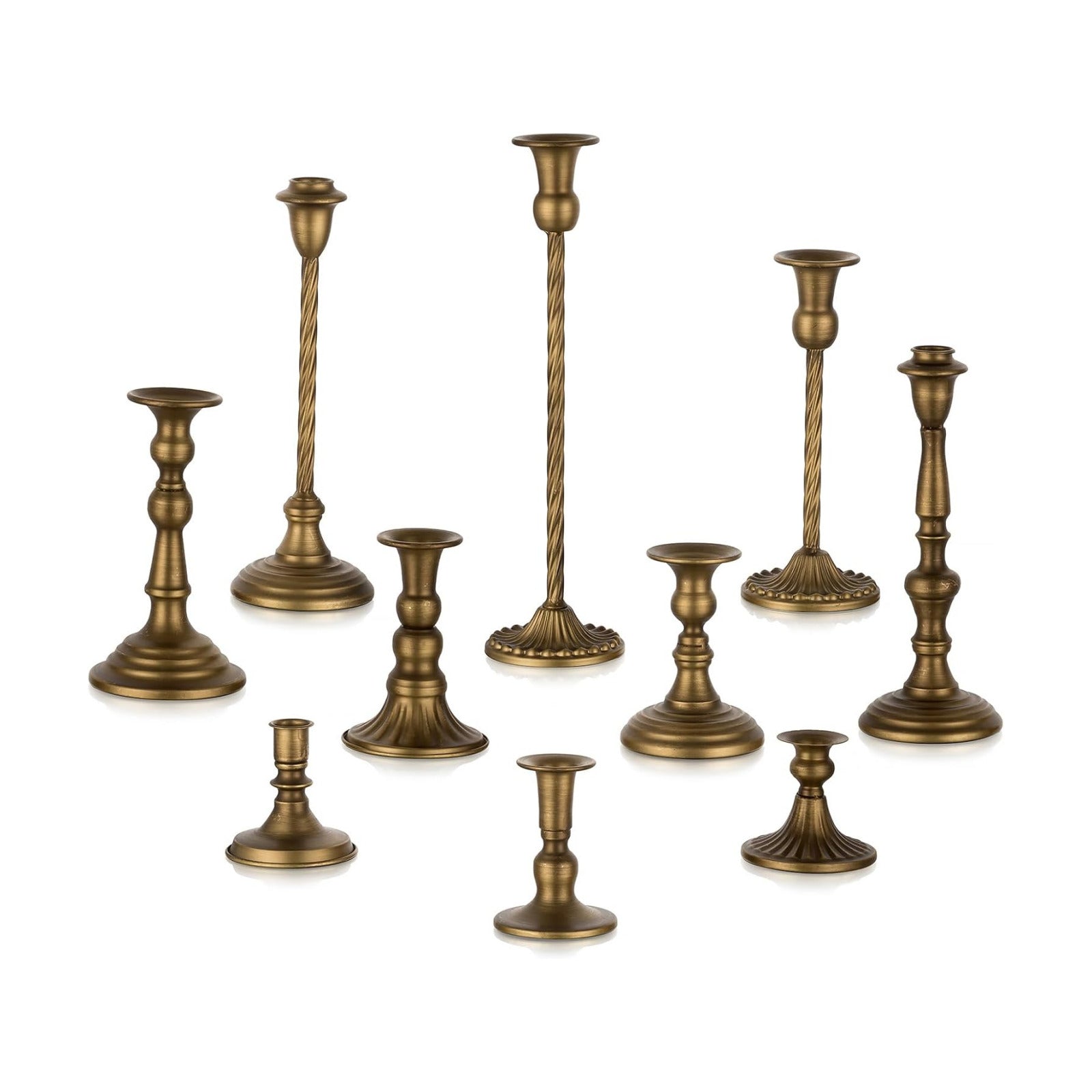 Brass Finish Candle Holders Set of 10 for Table Centerpiece | Vintage Tall Taper Candlestick Holder, Metal Candle