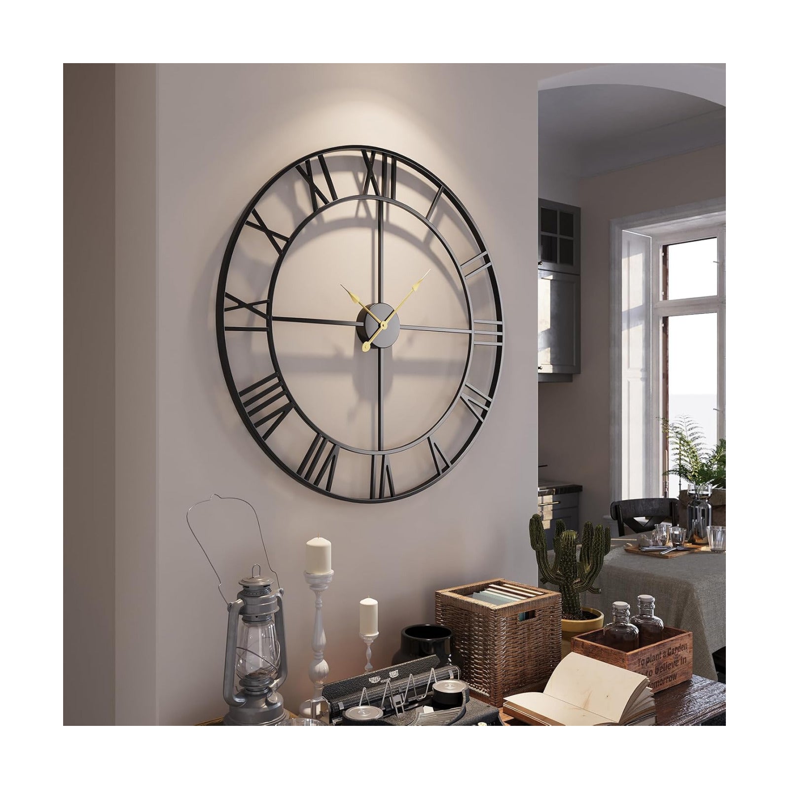 Cuspin 36 Inch Large Wall Clock for Living Room Decor, Black Roman Numeral | Modern metal round,battery operated,silent