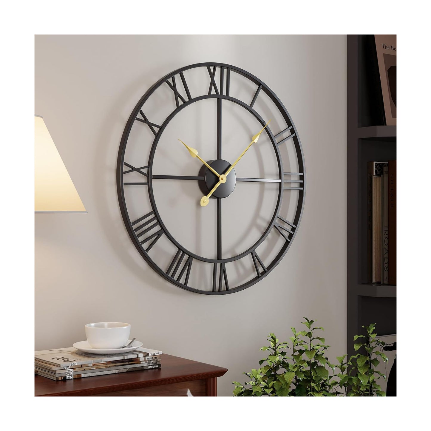 Cuspin 24 Inch Large Wall Clock for Living Room Decor, Black Roman Numeral | Modern metal round,battery operated,silent
