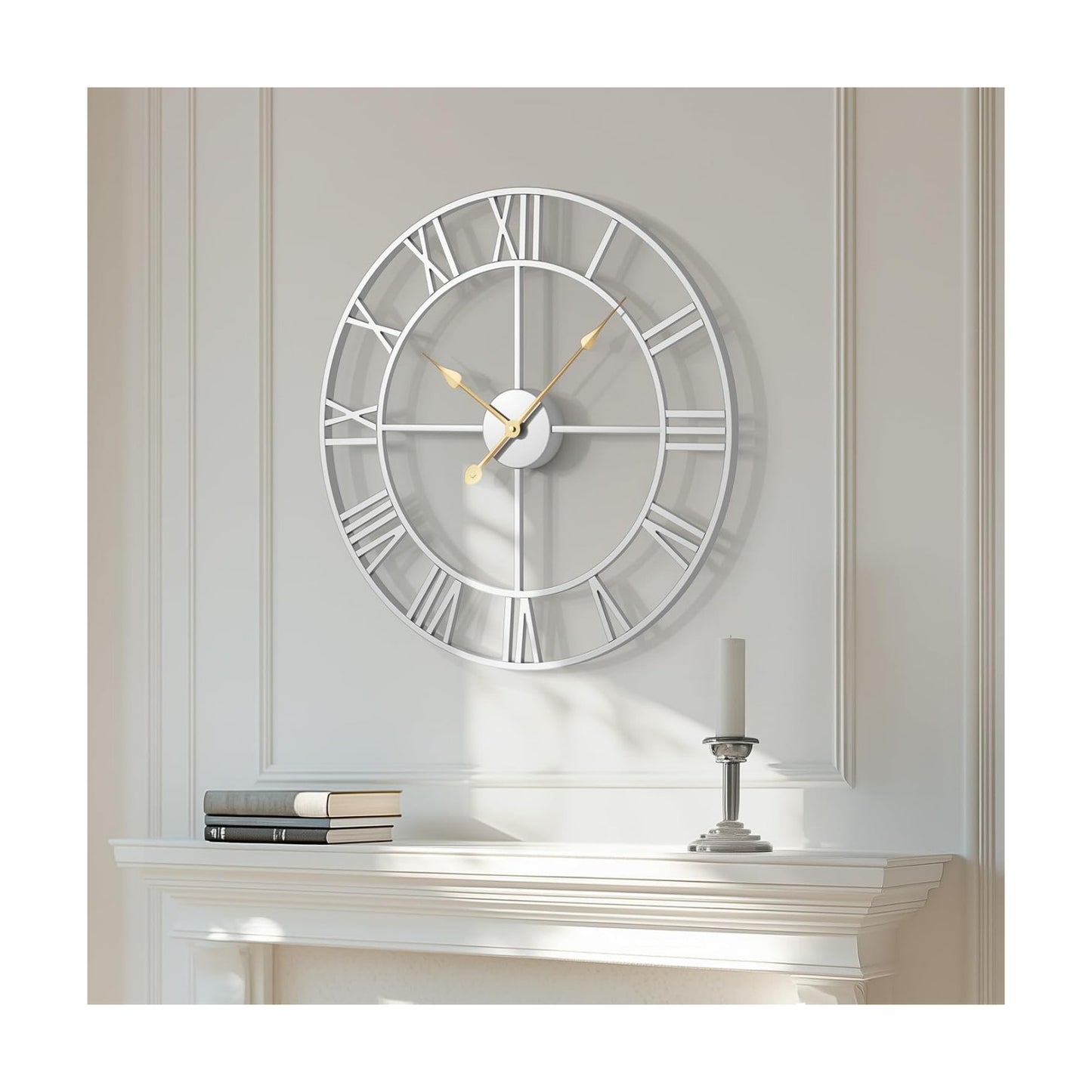 Cuspin 24 Inch Wall Clock Large Silver Decorative Modern Metal Clocks | Battery operated, Silent non ticking, Roman
