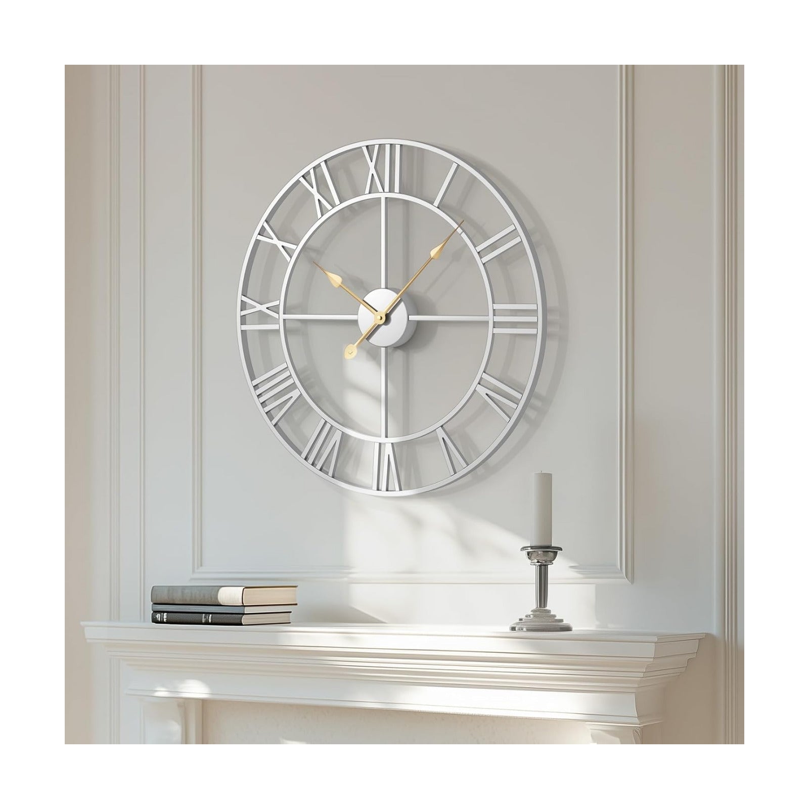 Cuspin 24 Inch Wall Clock Large Silver Decorative Modern Metal Clocks | Battery operated, Silent non ticking, Roman