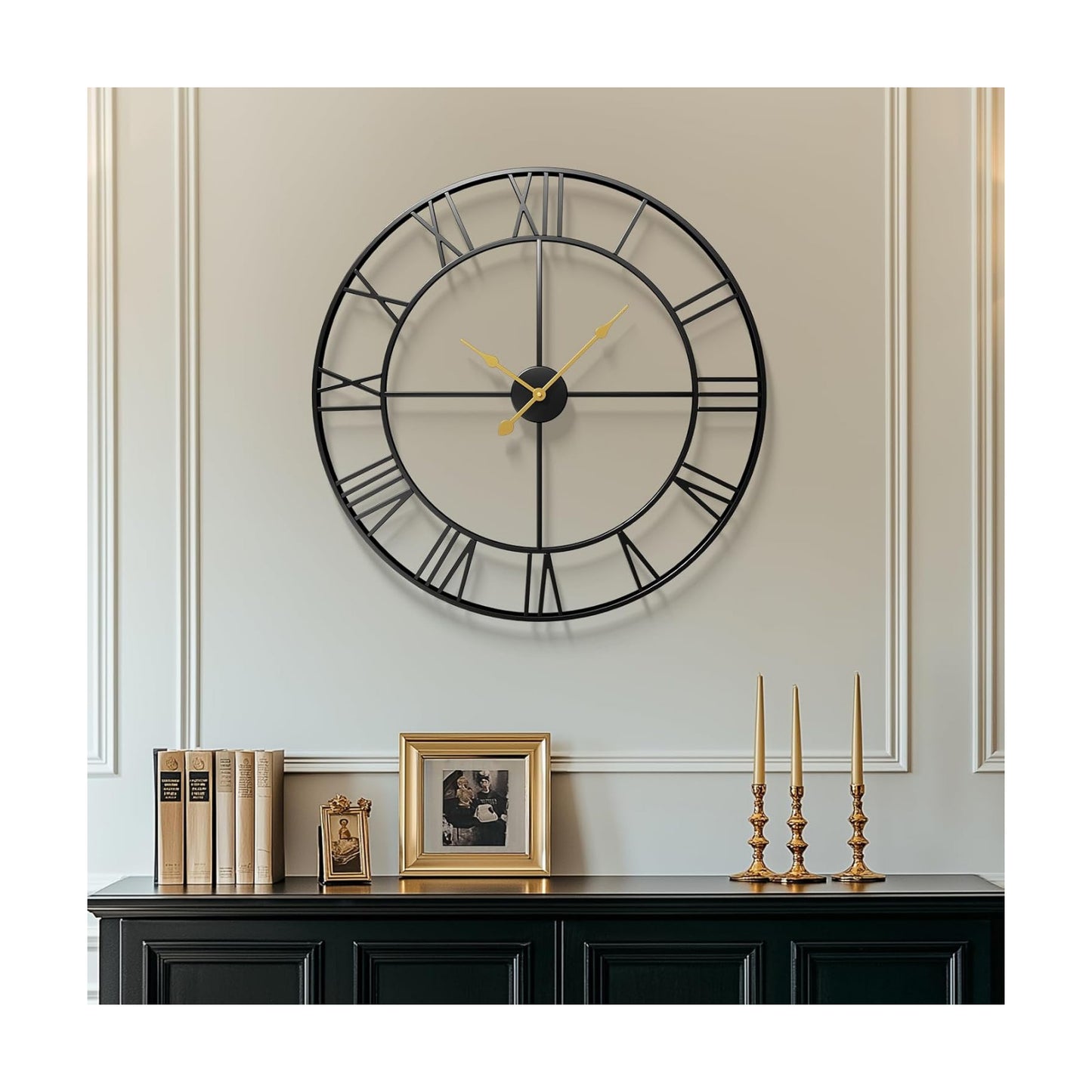 Cuspin Large Wall Clock 30 Inch for Living Room Decor, Black Roman Numeral | Modern metal round,battery operated,silent