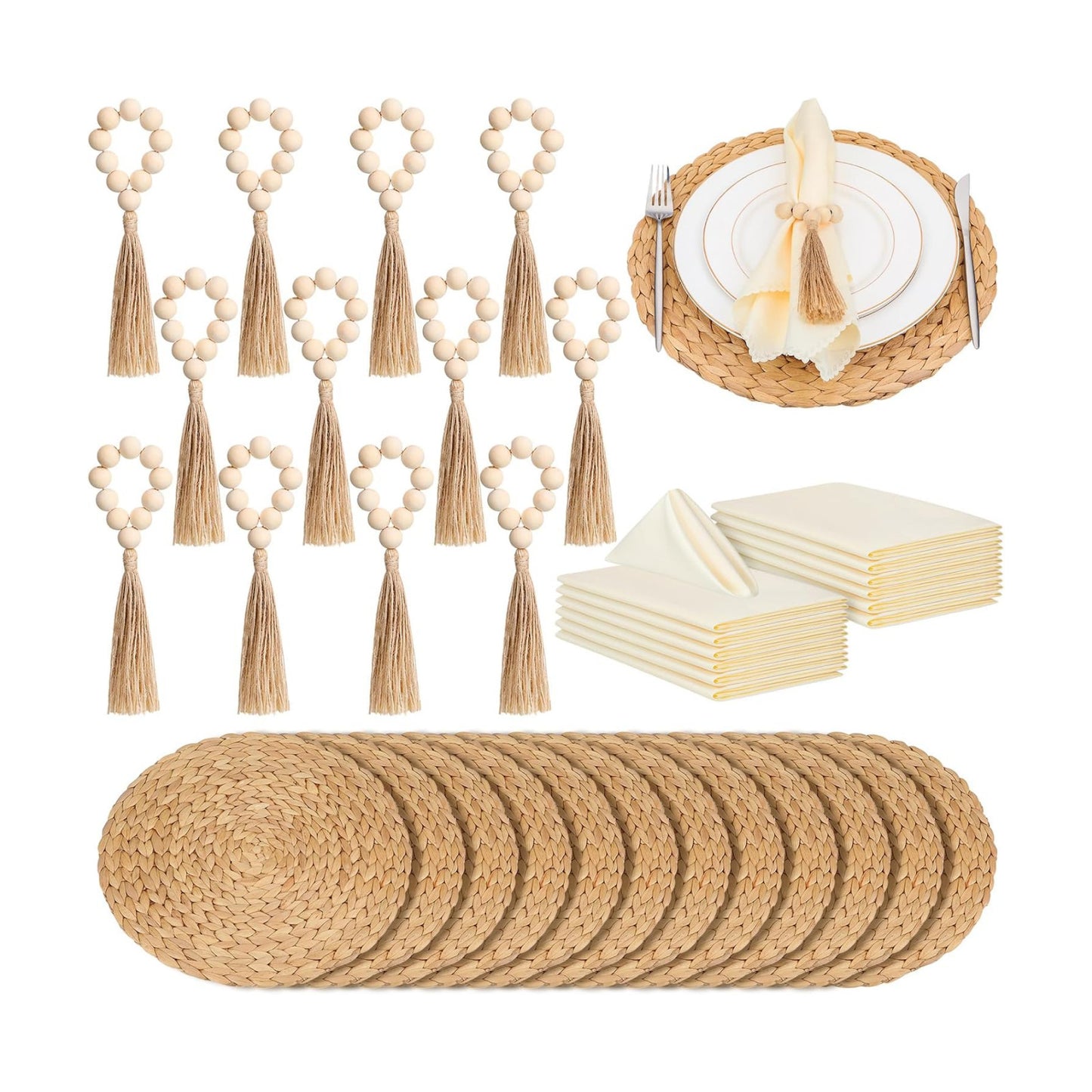 Gejoy 36 Pcs Boho Woven Placemat Wood Bead Napkin Ring with Dinner Napkin | 13.8 Inch Round Water Hyacinth Placemat