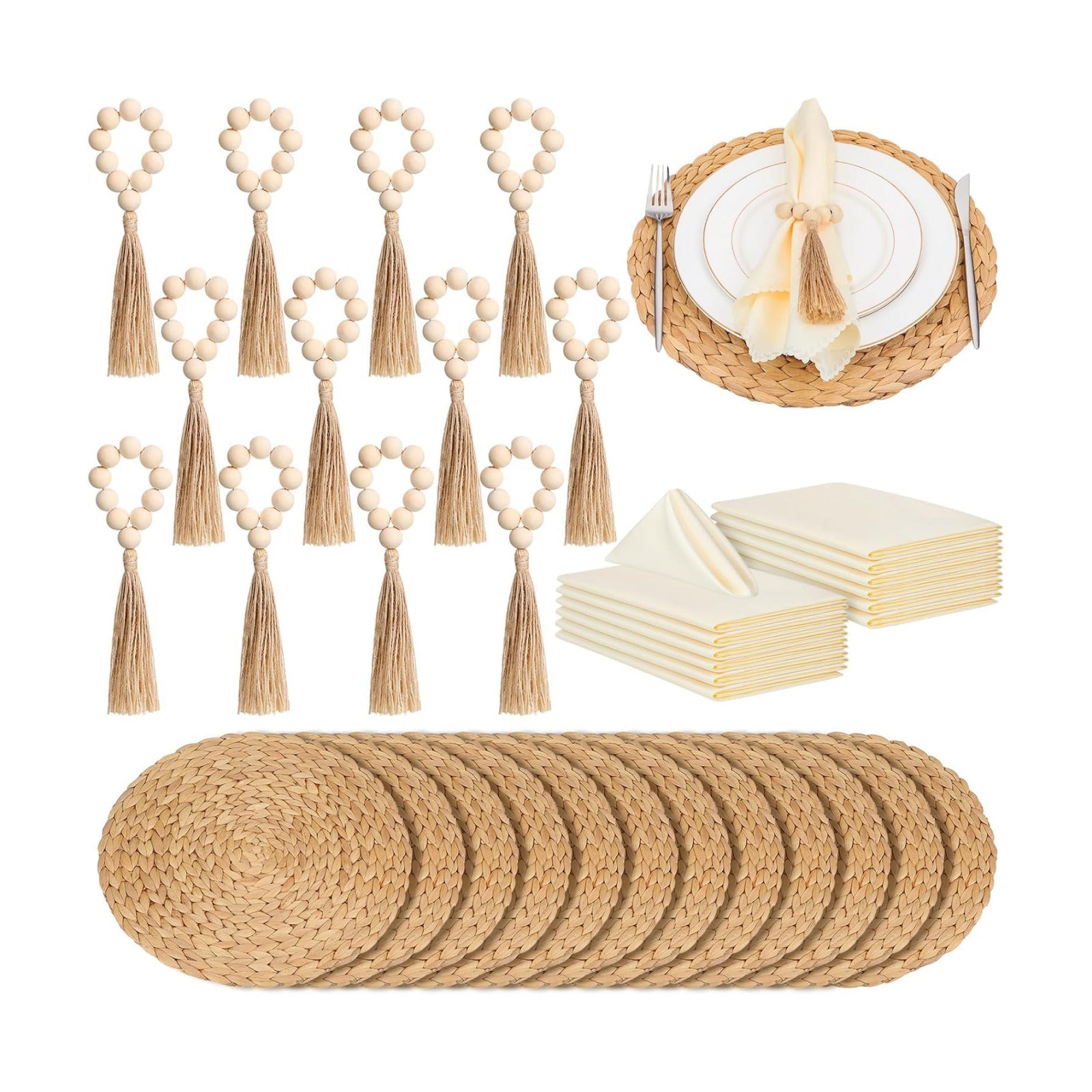 Gejoy 36 Pcs Boho Woven Placemat Wood Bead Napkin Ring with Dinner Napkin | 13.8 Inch Round Water Hyacinth Placemat