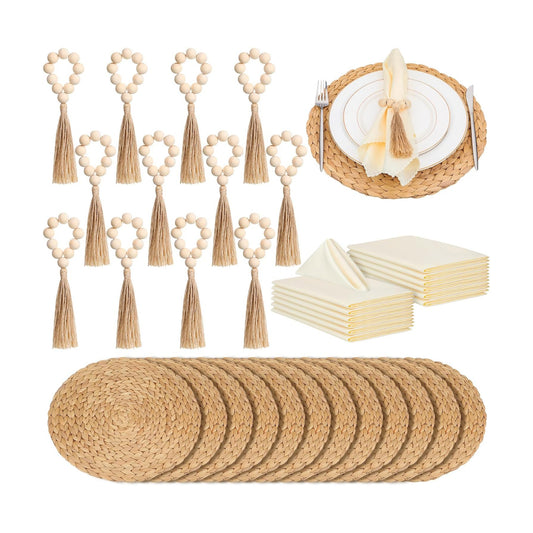 Gejoy 36 Pcs Boho Woven Placemat Wood Bead Napkin Ring with Dinner Napkin | 13.8 Inch Round Water Hyacinth Placemat