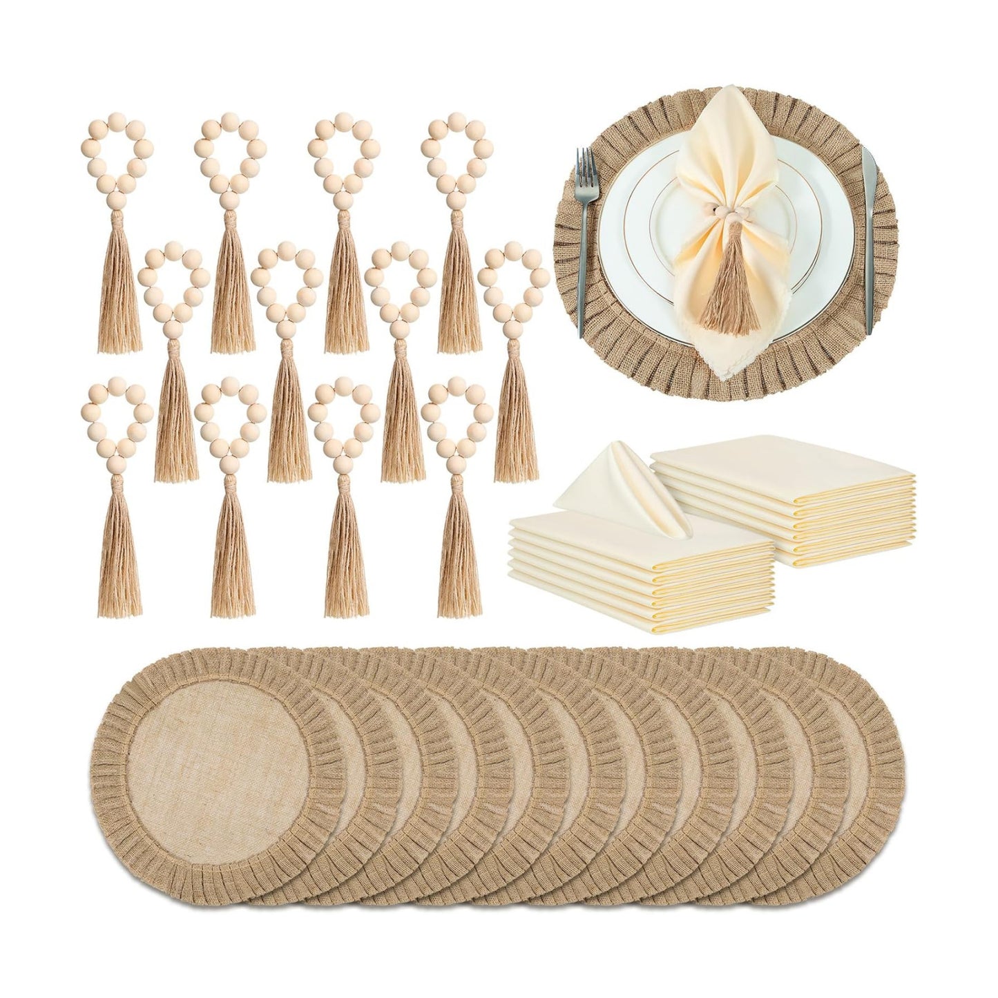 Gejoy 36 Pcs Burlap Placemat Wood Napkin Ring Dinner Napkin, Natural | Round Heat Resistant Jute Mats Wooden Bead