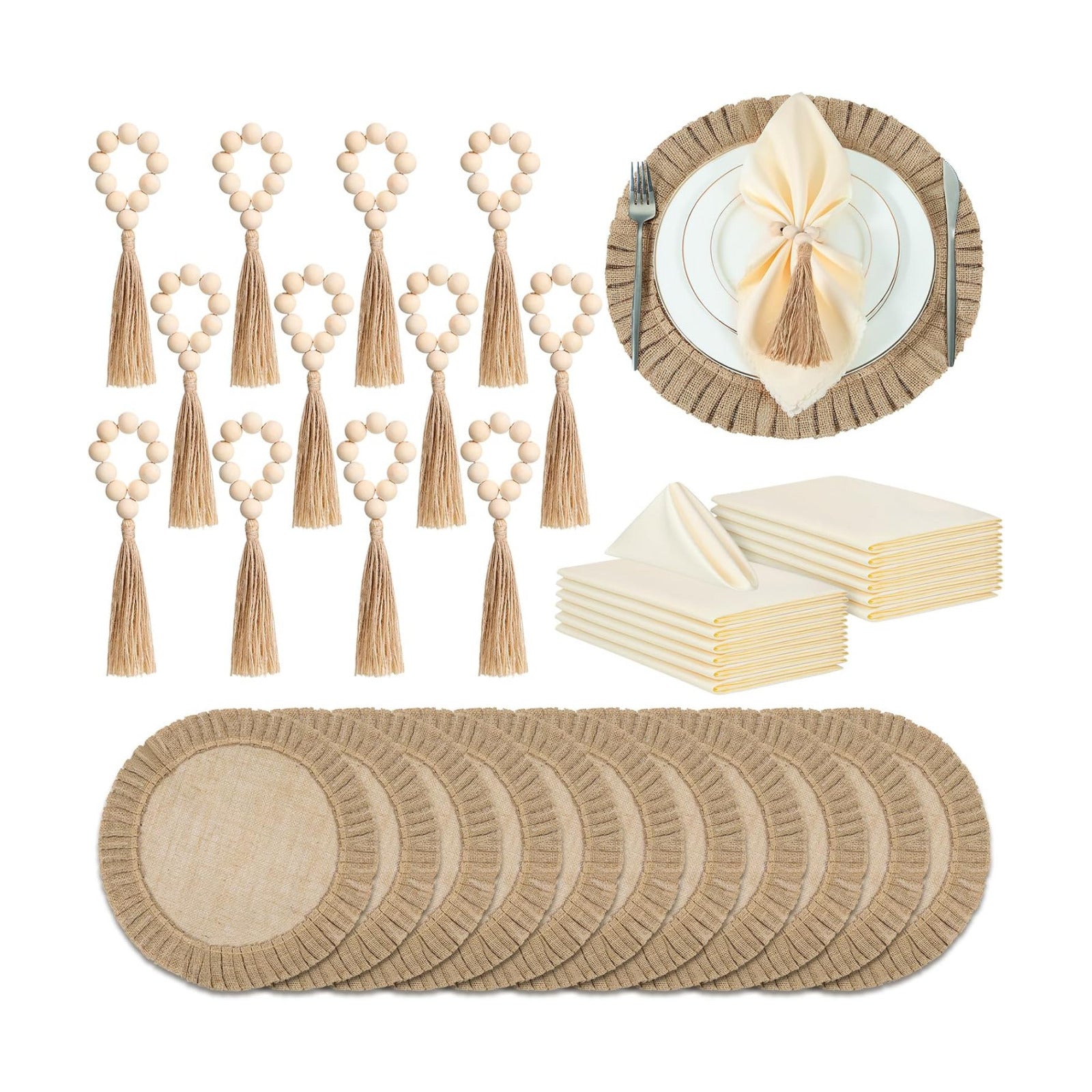 Gejoy 36 Pcs Burlap Placemat Wood Napkin Ring Dinner Napkin, Natural | Round Heat Resistant Jute Mats Wooden Bead