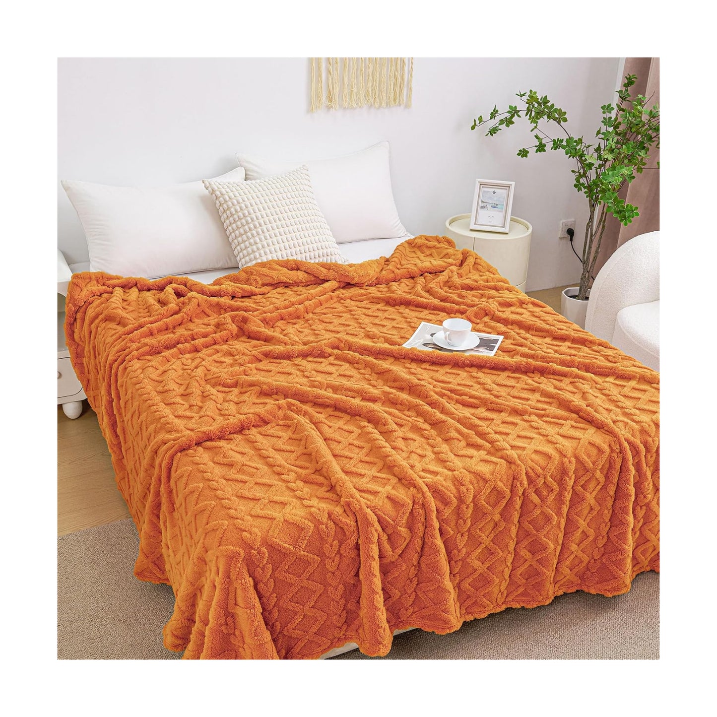 Aganear Fleece Throw Blanket for Bed Couch,Fall Boho Blanket,90"x90" Orange