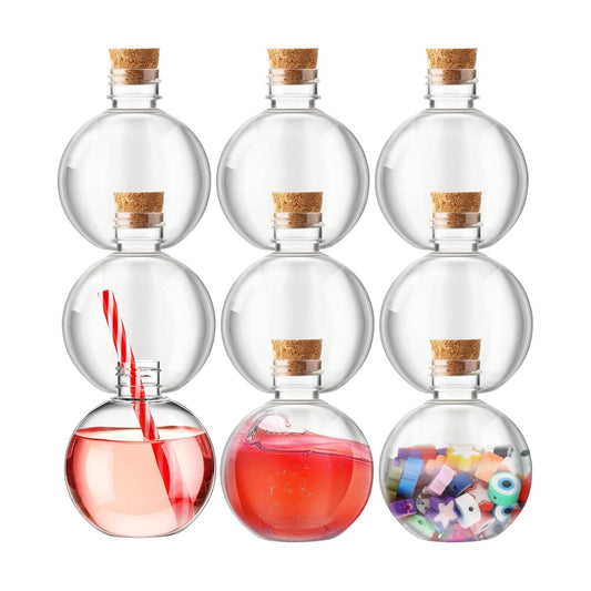 Jinei 9 Pcs 8 Oz Clear Plastic Potion Bottles Sphere Corked,Wooden,Topper