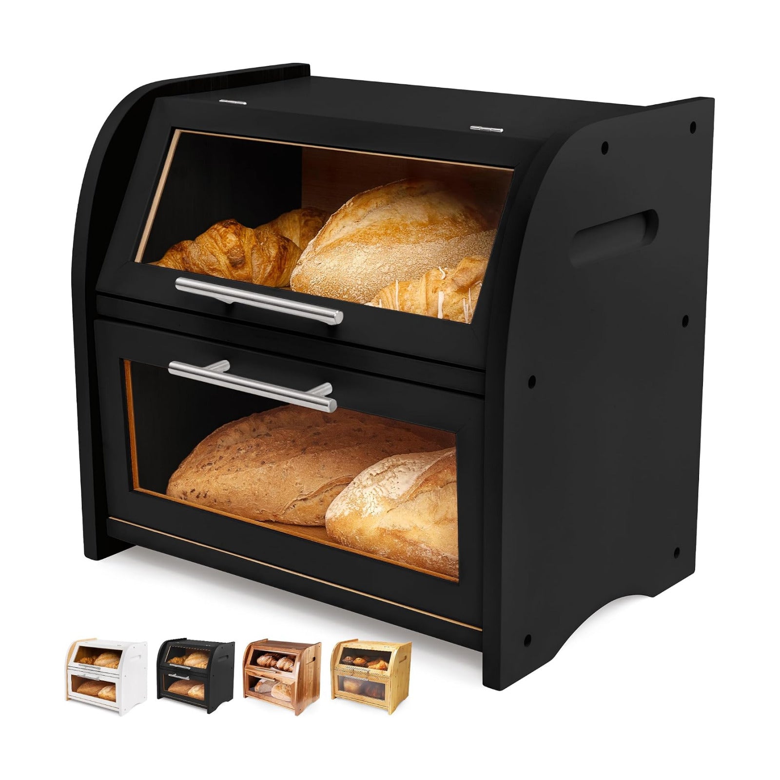 Arise Stylish Bamboo Bread Box for Kitchen Countertop, Extra Large 2-Shelf Wooden Bread Storage Container with Clear