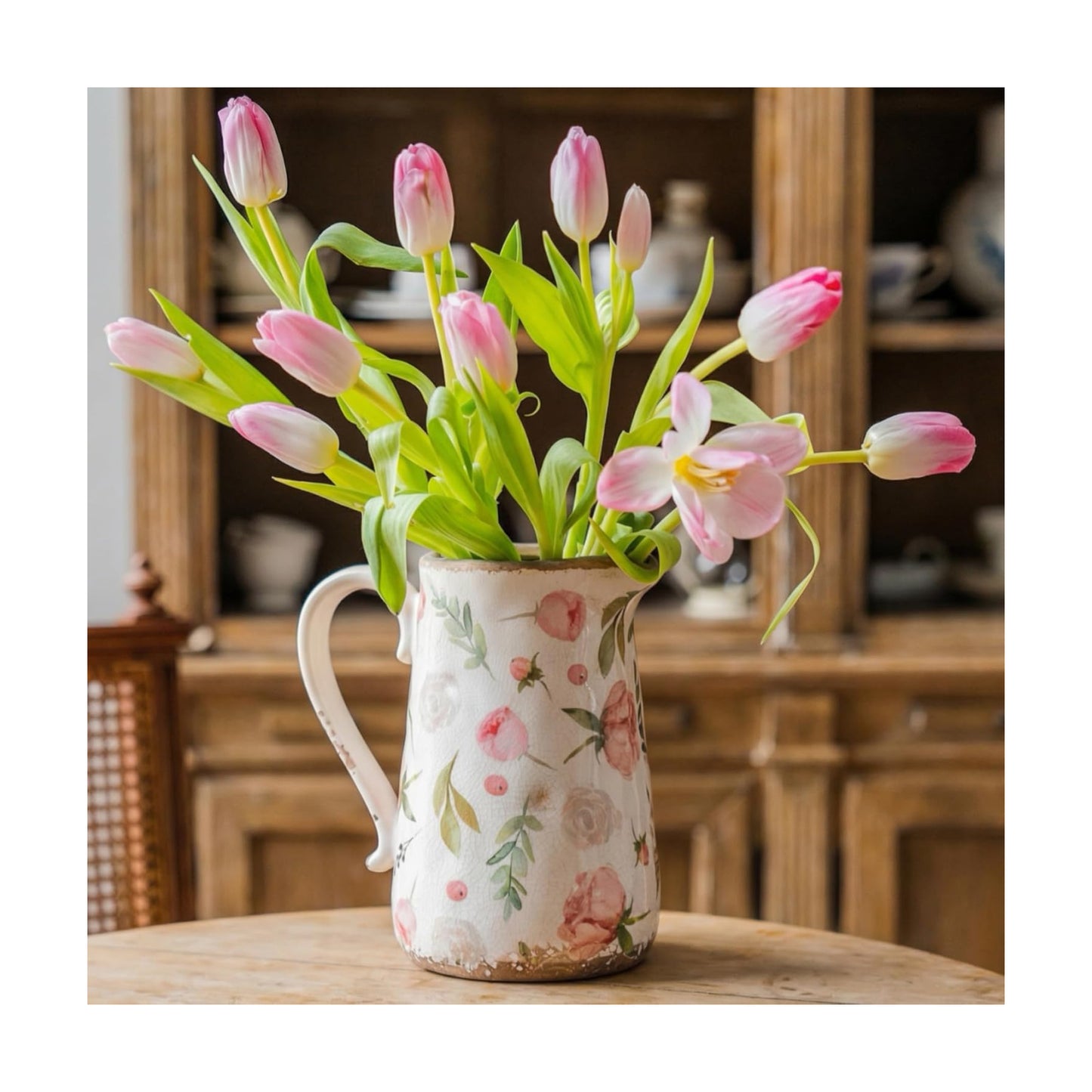 Retro Rustic Large Ceramic Vase / Floral and Fruit / Large Pitcher