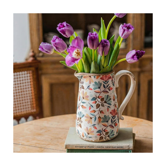 Vintage Colorful Flower Ceramic Vase / Phoenix Tail Flower / Large Pitcher