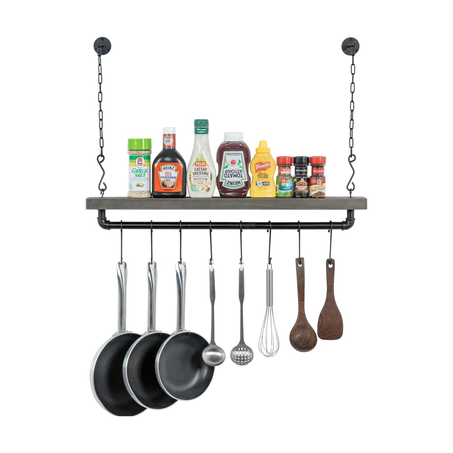 MyGift Wall Ceiling Pot Rack with Shelf, Black Pipe Cookware Organizer | Industrial rack stores pots, pans, and