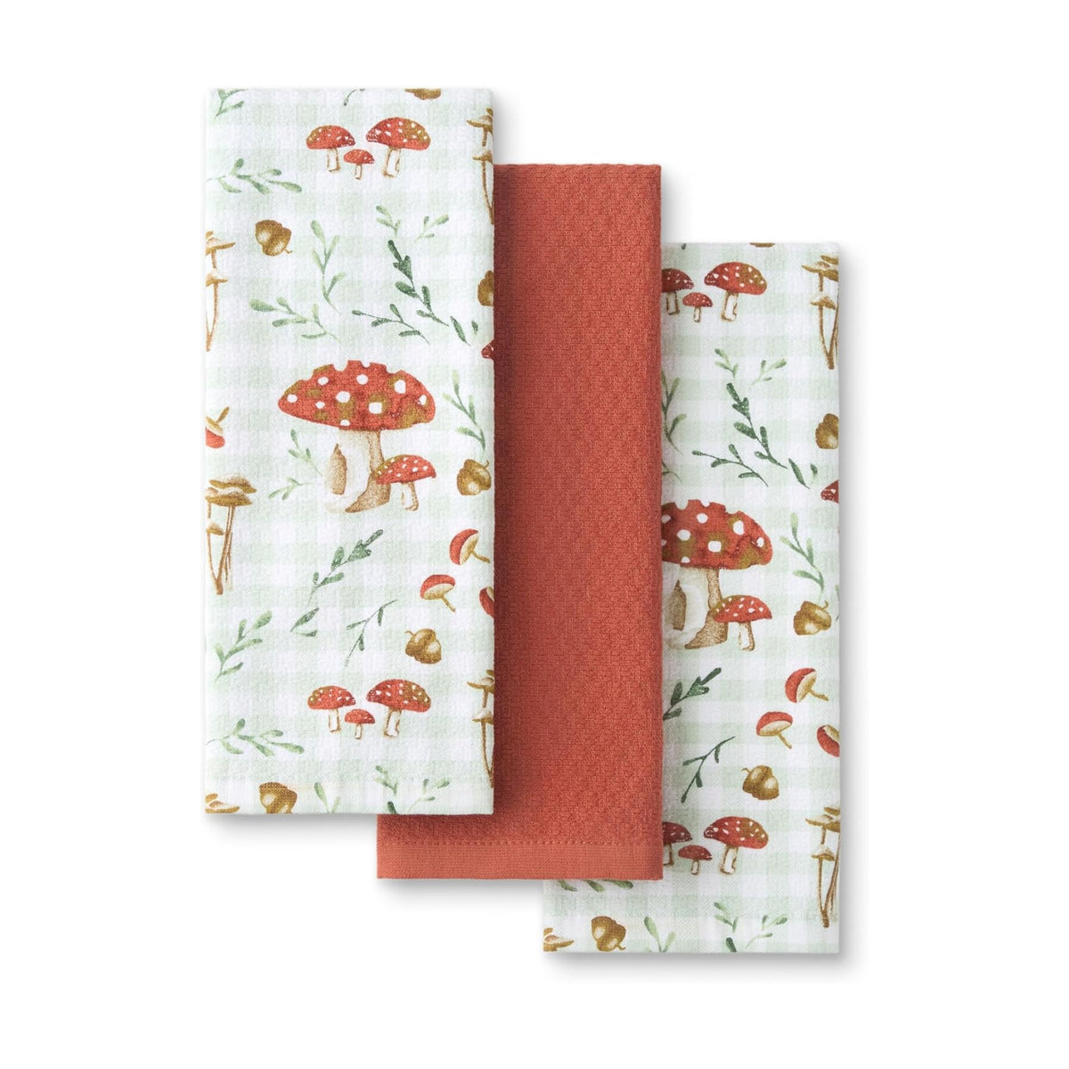 Martha Stewart Autumn Harvest Mushroom Plaid Kitchen Towel 3-Pack Set, 100% Cotton with Absorbent Terrycloth, Decorative Kitchen Towels, Burnt Orange/Green/White, 16"x28"