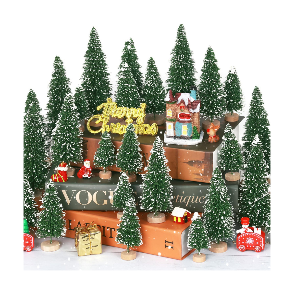 30Pcs Mini Christmas Tree Decor, Artificial Christmas Tree 5 Sizes,Mini Sisal Snow Frost Trees with Wooden Base for Christmas Decor Christmas Party Home Table Craft Decorations (B/Green)