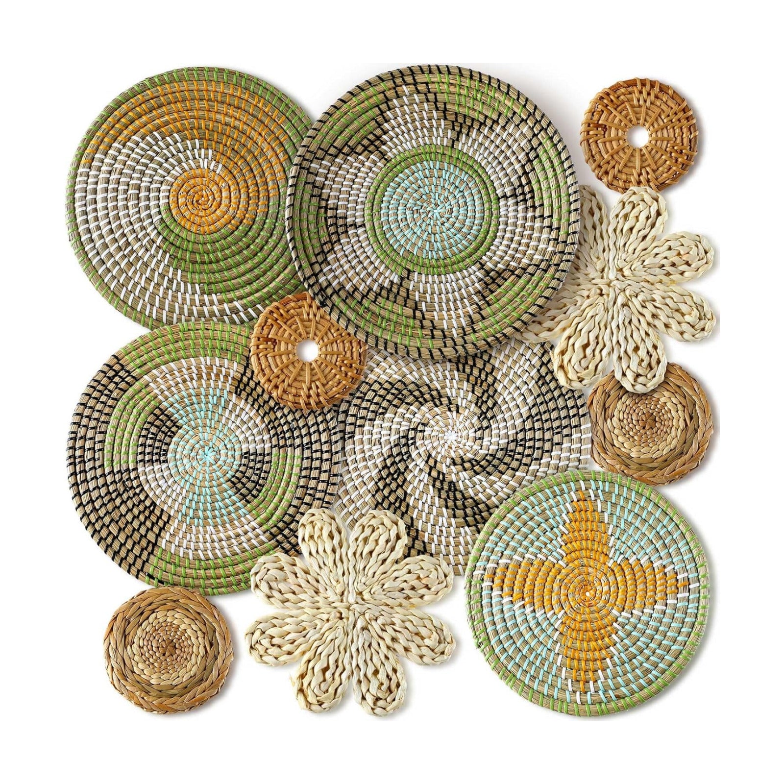 Boho Wall Basket Decor Bulrush Woven Wall Hanging Art Round Farmhouse Rustic / Stylish / Set of 11