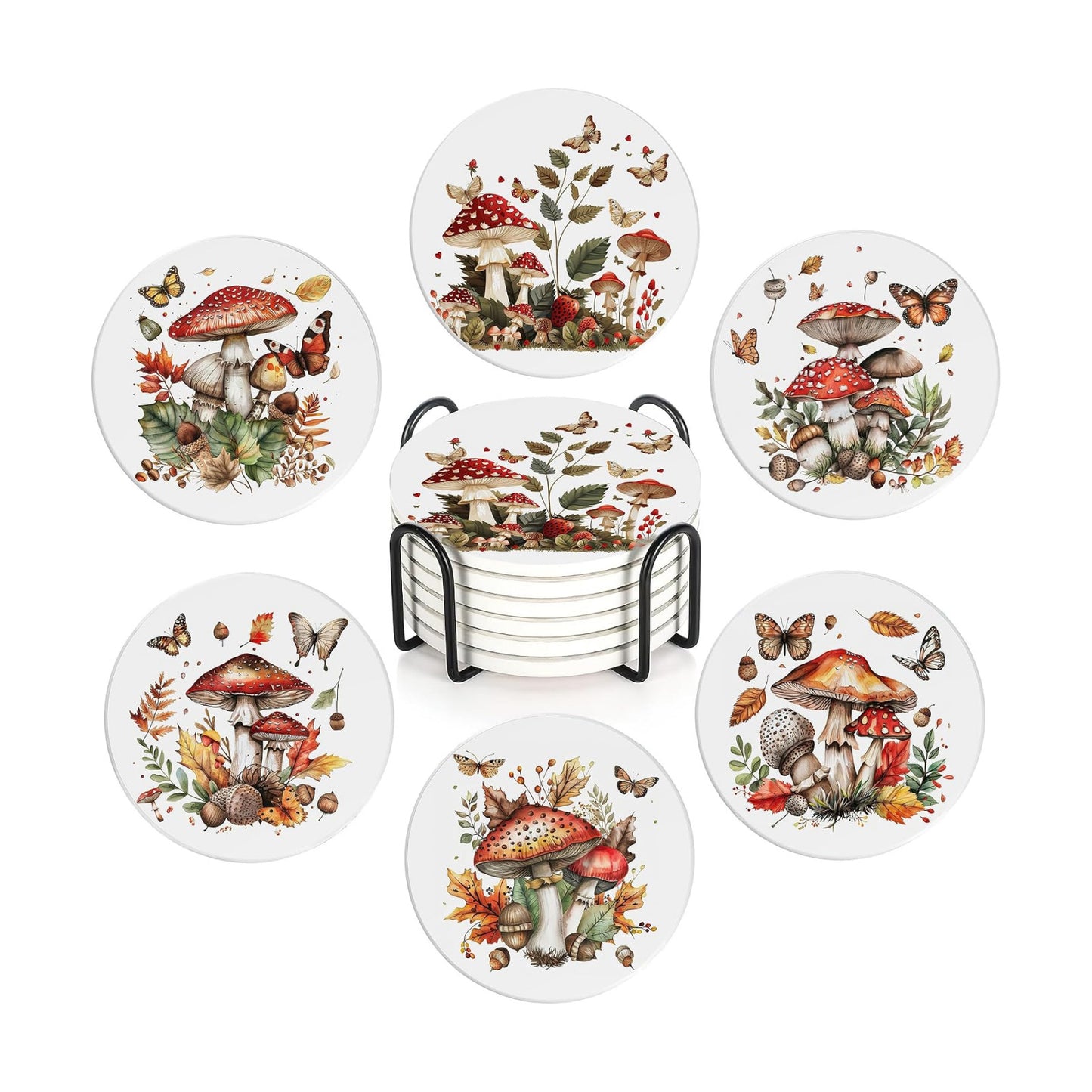 Holder / Absorbent Ceramic Drink Coaster for Tabletop / Mushroom Butterfly / Set of 6